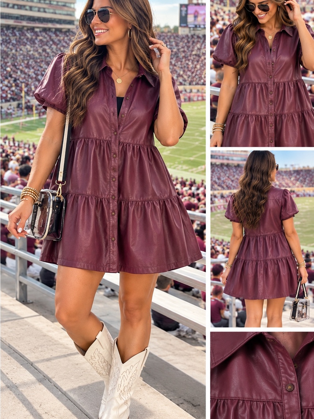 Anthropology Tiered Faux Leather Shirt Dress in Burgundy Size - Small